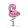 Cute cartoon flamingo standing on one leg. A funny pink flamingo sleeping