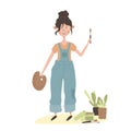 Cute cartoon flat girl artist. Young white woman in blue overalls