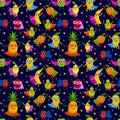 Cute superheroes fruits seamless pattern. Superpower vitamin food in flat style.