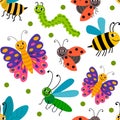 Cute cartoon smiling summer insects random seamless pattern