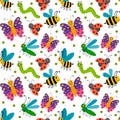 Cute cartoon smiling summer insects random seamless pattern