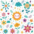 Cute cartoon floral pattern with happy sun and cloud Royalty Free Stock Photo