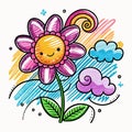 Cute cartoon flower with happy face, clouds, and rainbow backgroun Royalty Free Stock Photo