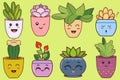 Cute groovy cartoon stickers succulent plant character.