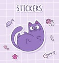 Cute cartoon fluffy cat lying on his back. Sticker of a cat with toys on a checkered background. Label Sticker.