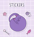 Cute cartoon fluffy cat sleeping. Sticker of a cat with toys on a checkered background. Label Sticker