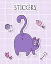 Cute cartoon fluffy cat turned around. Sticker of a cat with toys on a checkered background. Label Sticker.