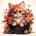 cute cartoon fluffy kitten sitting in a wicker basket with pink flowers on a white background Royalty Free Stock Photo