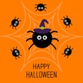 Cute cartoon fluffy spider set on the web. Witch hat. Halloween card. Flat design. Royalty Free Stock Photo