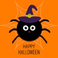 Cute cartoon fluffy spider on the web. Witch hat. Halloween card. Flat design. Royalty Free Stock Photo