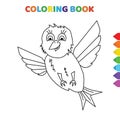 Cute cartoon flying happy baby bird coloring book for kids. black and white vector illustration for coloring book. flying happy