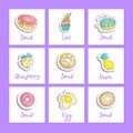 Cute cartoon food square cards with english text. Fun vector stickers set. Doodle set with colored donuts, cupcake