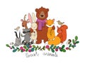 Cute cartoon forest animals. Cheerful bear, fox, cute hare, squirrel and raccoon in the meadow Royalty Free Stock Photo