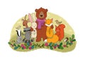 Cute cartoon forest animals. Cheerful bear, fox, cute hare, squirrel and raccoon in the meadow