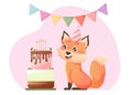 Cute cartoon fox character. Happy birthday greeting card. Birthday cake, presents, fox, balloons. Royalty Free Stock Photo