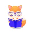 Fox character sitting and reading a book. Raster illustration in flat cartoon style on white background Royalty Free Stock Photo