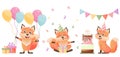 Cute cartoon fox characters. Happy birthday greeting cards. Birthday cake, presents, fox, balloons. Royalty Free Stock Photo