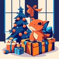 Cute cartoon fox with christmas tree and presents in living room Generative AI Royalty Free Stock Photo