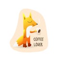 Cute cartoon fox with coffee and text coffee lover Royalty Free Stock Photo