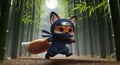 A cute cartoon fox dressed as a ninja, running through a dark bamboo forest under the moonlight, with a determined expression and Royalty Free Stock Photo