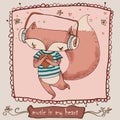 Cute cartoon fox enjoys the music with headphones