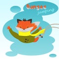 Cute cartoon Fox jumps elastic on the background of clouds