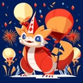 Cute cartoon fox in party hat with balloons and fireworks, vector illustration AI generated Royalty Free Stock Photo