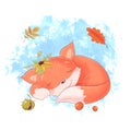 Cute cartoon fox is sleeping, autumn, leaves.