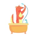 Cute cartoon fox taking a shower, red fox washing in a bathtub colorful character, animal grooming vector Illustration