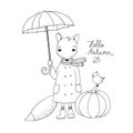 Cute cartoon fox under an umbrella and a small bird on a pumpkin.