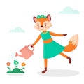 Cute cartoon fox watering flowers. Vector illustration. Royalty Free Stock Photo