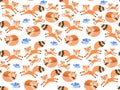 Cute cartoon foxes and little blue birds isolated on white background in vector. Seamless pattern. Print for fabric, wallpaper Royalty Free Stock Photo