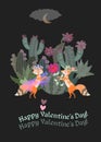 Cute cartoon foxes on a romantic date amid blooming cacti. Night sky, cloud and moon. Happy valentine`s day! Greeting card