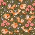 Cute cartoon foxex rest and play in the autumn forest. Seamless pattern in vector. Print for fabric, wallpaper