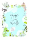 Cute Cartoon Frame with Colorful Little Dragons and Plants Royalty Free Stock Photo