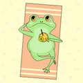 Cute cartoon frog character lying on a beach, sunbathing and drinking cocktail, top view. Summer vector illustration