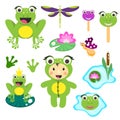 Cute cartoon frog clipart set. Funny frogs illustration for children vector clip art.