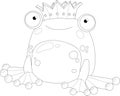 Cute cartoon frog king toy sketch template. Children graphic vector illustration in black and white Royalty Free Stock Photo