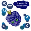 Cute cartoon fruit character. Vitamins in the berries. Blackberry. Children`s illustration