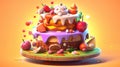 Cute cartoon fruit cream cake.AI Generated