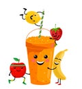 Cute cartoon fruit smoothies in cups. Fresh summer juice. Cute cartoon fruits with mug. Drinking menu, healthy vegan