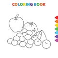 Cute cartoon fruit such as apple, tomatoes,cherry, grapes coloring book for kids. black and white vector illustration for coloring