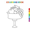 Cute cartoon fruits in a bowl coloring book for kids. black and white vector illustration for coloring book. fruits in a bowl Royalty Free Stock Photo