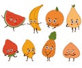 Cute cartoon fuits strawberry, watermelon, pineapple, peach, orange, pear, pineapple and lemon set