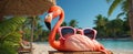 Cute cartoon funny flamingo, banner sunglasses beach, palm trees journey