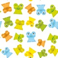 Cute Cartoon funny frog set yellow green blue orange on white background, seamless pattern. Vector Royalty Free Stock Photo