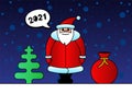 Cute cartoon funny kawaii Santa Claus character for Christmas and Happy New year celebration. Gift bag spruce and snow