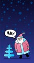 Cute cartoon funny kawaii Santa Claus character for Christmas and Happy New year celebration. Spruce and snow at night