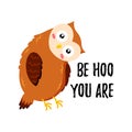 Cute cartoon funny owl. Vector doodle illustration. Template for print, web design Royalty Free Stock Photo
