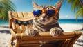 Cute cartoon funny summer cat holiday hawaii , beach, sunset tropic comic summertime